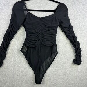 Princess Polly Delany Bodysuit Black Ruched Mesh Sheer Long Sleeve Padded Sz 6